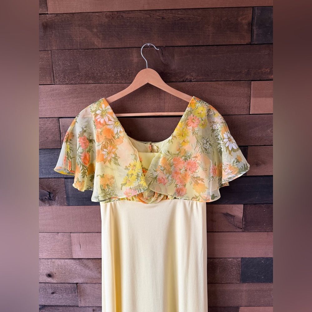 Vintage Yellow Floral Chiffon Maxi Dress 70s Prairie Garden Party - Picture 5 of 14